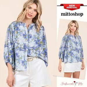 Mittoshop Flower Print Batwing Sleeves Button Down Relaxed Fit Blouse | Blue
